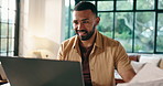 Documents, laptop and smile with remote work man in home office for financial problem solving. Computer, finance and paperwork with happy freelance employee in apartment for budget or investment
