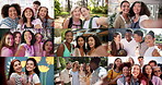 Diversity, montage and selfie of people hugging on location or at venue for friendship or support. Different, face or smile with happy men and women embracing for love, memories or photograph