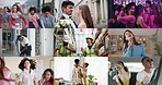 Collage, different people and dance for celebration, energy and freedom in warehouse. Happy group, music and moving together with rhythm at outdoor wedding party, night club or singing in car or home