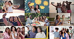 Collage, different people and selfie with friends for happy memory, social media or photo. Montage, smile and group picture together for bridal party, holiday or diversity with kids on bus for vlog
