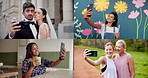 Happy people, collage or selfie with generation for picture, photography or capture moment together. Group, community or diversity with smile, series or montage for global difference or world memory