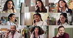 Happy people, diversity or phone call in collage for global communication, chat or conversation. Group, community or talking on mobile smartphone in montage for network app, discussion or connection