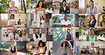 Arms crossed, face and montage of people for diversity at variety or location, setting or venue. Business, fitness or wedding with happy men and women in collage for inclusion or representation