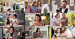 Different people, montage and phone for communication, internet search or social media browsing. App, diversity or happy with men and women typing text message in variety of location or venue
