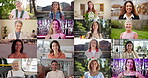 Face, happy and montage of different women for variety in business for career development. Collage, diversity and smile with people at location or venue for job, outdoor break or wedding event