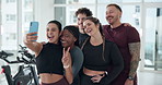 Fitness, selfie and smile with friends in gym together for memories, photograph or profile picture. App, exercise and social media with happy athlete group in health club for motivation or support
