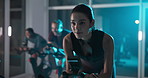 Ebike, people and woman in gym, fitness and endurance with cardio, challenge and body workout. Group, person and athlete in wellness center, energy and exercise machine with training and health