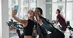 Fitness, friends and women with selfie in gym for workout, progress post or social media update. Smile, happy and photography at sports center for profile picture, exercise support or training memory