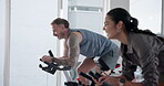 Fitness, cycling and health with people in gym for training, elliptical machine and cardio. Wellness, challenge and exercise with athlete on stationery bike in sports center for energy and spin class
