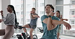 People, stretching and exercise bike for spin class, training and body wellness for workout goal. Coach, cardiovascular fitness and joint mobility with endurance, gym and equipment for cycling