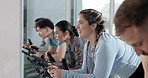 Happy people, coach or fitness with bicycle for spin class for group exercise or workout at gym. Active, team or community cycling with instructor or personal trainer for cardio, health or wellness