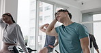 People, stretching and exercise bike for cycling, training and body wellness for workout goal. Coach, cardiovascular fitness and joint mobility with endurance, gym and equipment for spin class
