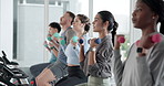 Dumbbell, cycling and health with people in gym for training, elliptical machine and cardio. Wellness, challenge and exercise with group on stationery bike in sports center for weights and spin class