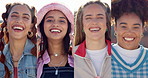Happy women, face and collage with fashion for style, difference or culture together in nature. Portrait, female people or clothing with smile in diversity for feminine, stylish outfit or series