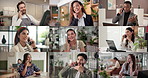 Happy people, diversity or phone call in montage for global communication, chat or conversation. Group, community or talking on mobile smartphone in collage for network app, discussion or connection