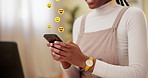 Emojis, hands and woman with phone in office with networking, communication or contact online. Icon, cellphone and female person with reaction on social media or chat with connectivity in workplace.