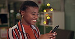 Laughing, woman and texting with smartphone, emojis and digital reaction to social media and online. Home, black person and smile for chat with mobile app, communication and funny post on website