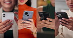 Hands, montage and phone with women typing text message closeup for communication or reply. App, connection and social media with people in collage or collection for internet browsing or search