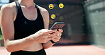 Emoji, hands and phone with fitness influencer outdoor at venue for sports or training post. Exercise, reaction or social media and woman typing on mobile for app interaction with online followers