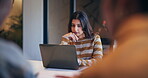 Design, laptop and thinking with business woman at work for development, planning or report. Computer, concentration and reading with employee in coworking office for creative online strategy
