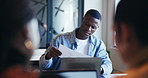 Documents, laptop and information with business man in office for budget analysis or feedback report. Computer, coworking and data with financial employee reading review in investment workplace