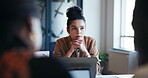 Serious, thinking and woman with laptop, office and idea for digital marketing, tech or ad campaign. Creative, person and contemplating for article on website, copywriting and planning for project