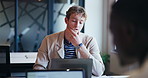 Tired, businessman and thinking with laptop for ideas, project or difficult tasks at office desk. Exhausted, man or employee with wonder, thought or doubt on computer for problem solving at workplace