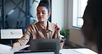 Business, laptop and woman in meeting with documents for data analysis, budget report and review. Coworking, financial analyst and finance stats for investment paperwork, funding feedback or planning