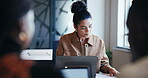 Business, woman and reading document in office for proposal, editor feedback and article report. Journalist, laptop and editing story, proofreading and information for publishing in coworking space