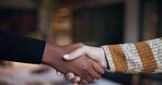 Creative people, handshake and meeting for thank you, hiring or deal together for teamwork at office. Employees shaking hands and partnership with agreement, recruiting or job in startup at workplace