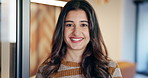 Happy, confident and face of woman in office with journalism internship for career growth. Smile, portrait and female journalist from Brazil with pride for job opportunity at magazine agency.