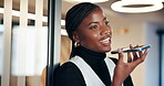 Business, black woman and phone with voice message in office for recording, news source or feedback. Media agency, journalist and talking on speaker for article update, story interview or networking