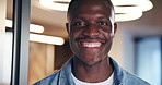 Happy, pride and face of black man in office with creative internship for career development. Smile, portrait and African male copywriter with confidence for job opportunity at magazine agency.