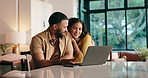 Smile, couple and browsing on laptop at house for online shopping, choice and bonding together. Happy, people and love with pc for planning, surfing internet and search on website for furniture ideas