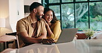 Happy, couple and browsing on laptop at house for online shopping, choice and bonding together. Smile, people and love with pc for planning, surfing internet and search on website for furniture ideas