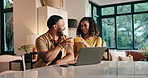 Smile, couple and cheers drink on laptop at house for good news, celebration and home loan approval. Happy, people and toast with juice for mortgage success, property investment and insurance goals