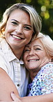 Face, hug and daughter with mother, outdoor and relationship with break, smile and love. Portrait, family and senior parent with embrace, happiness and bonding together with support, joy and park