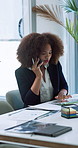 Woman, phone call and multitasking with tablet or documents for project proposal at office. Female person, accountant or financial advisor talking with paperwork or technology for business deadline