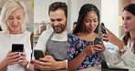 Business people, montage and phone with typing, text message and communication for reply. App, connection and social media with networking in collage for collection with internet browsing or search