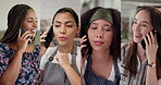Phone call, montage and diversity with business women for connection, community and networking. Inclusion, communication and contact with collage of group of people for talking, chat and society