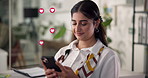 Phone, business and happy woman with emoji for social media, online dating or love interest. Mobile, typing or person with app for heart icon, romantic text or reading funny meme in office on overlay