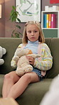 Teddy bear, psychology and child on sofa for therapy session with adhd or autism assessment. Evaluation, psychiatry consultation and kid with fluffy toy for support at counsellor for mental health.