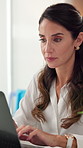 Typing, woman and psychologist with laptop in office with medical portfolio for therapy session. Computer, email and female psychiatrist with healthcare report for mental health evaluation at clinic.