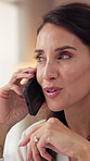 Phone call, smile and thinking with business woman in office for feedback, negotiation or update. Communication, conversation and discussion with mature employee in workplace for planning or strategy