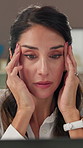 Tired, entrepreneur and woman with headache, office and stress for deadline of project or corporate. Contemplating, mature person and migraine for financial pressure of company, anxious and burnout