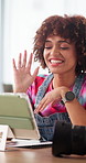 Waving, video call and woman in home with tablet for remote work with feedback on creative project. Freelancer, technology and female copywriter greeting on virtual meeting for article publishing.