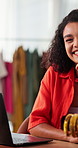 Happy woman, fashion designer and laptop with confidence at store for small business at home. Portrait, female person or clothing line with smile on computer for online boutique store or startup