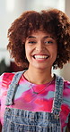 Happy woman, face and fashion designer with afro for style, small business or confidence at home. Portrait, female person or freelance stylist with smile or positive attitude for startup at house