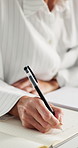 Medical, woman and hands of doctor writing in office for planning, report or healthcare study. Schedule, learning and surgeon with notebook for paperwork, research information or medicine reference