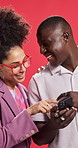 African couple, phone and laugh in studio with funny post, meme and video on web by background. Man, woman and happy with smartphone, application and share with smile for comic story on social media